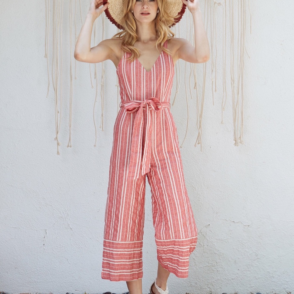 Lost + Wander Red Striped Jumpsuit Off-the-Shoulder